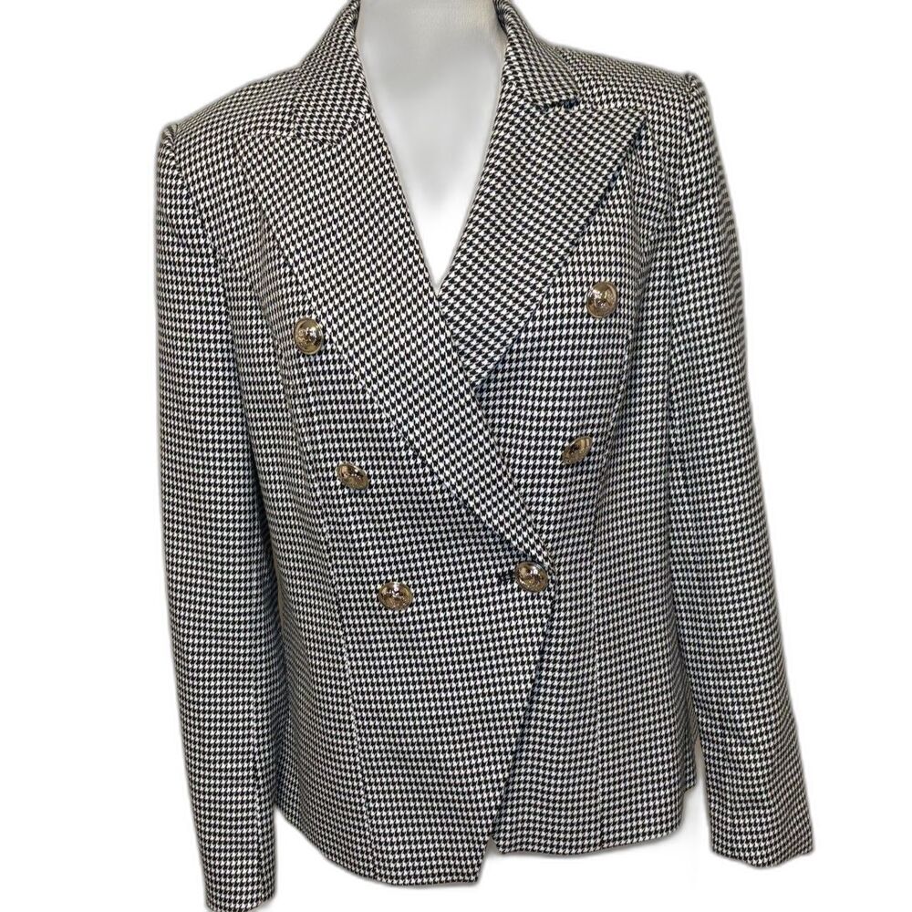 Venus Black & White Houndstooth Double-Breasted Blazer Gold Button Womens